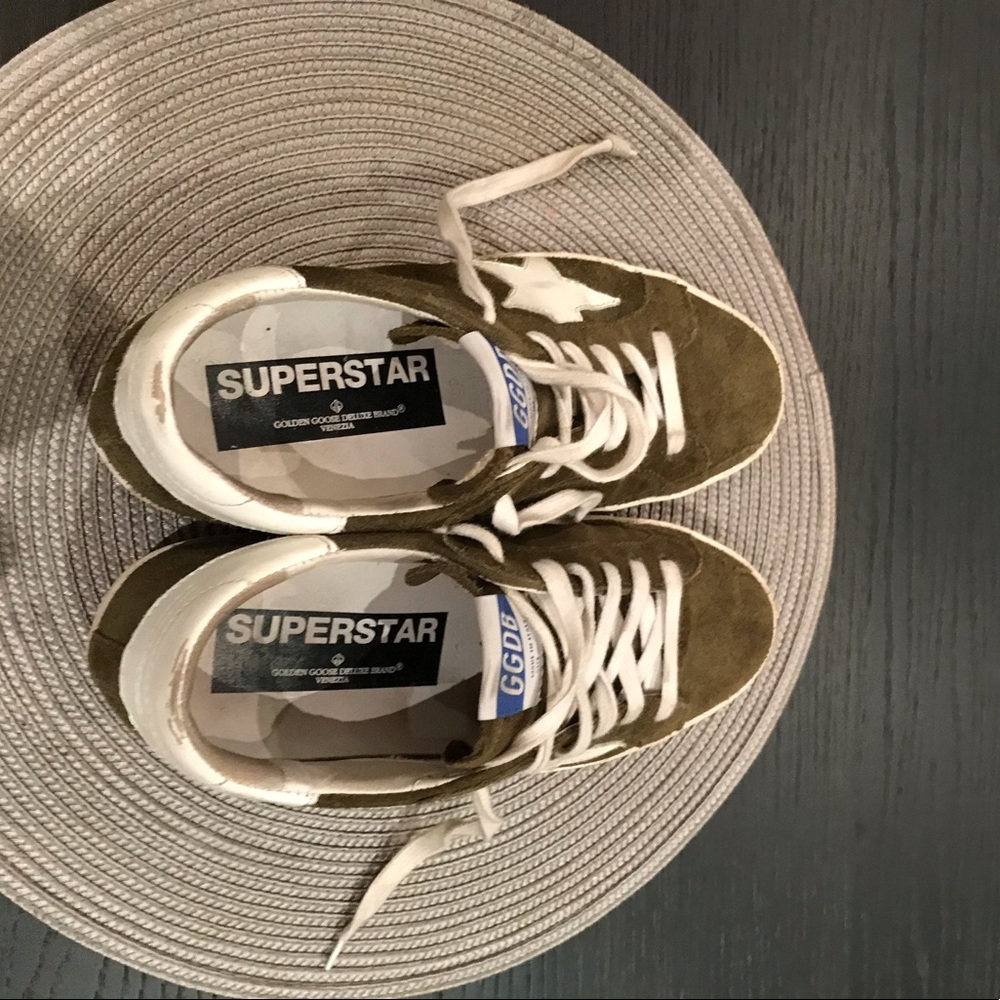 Golden Goose Superstar Sneakers. Size 36. Army green suede with white star